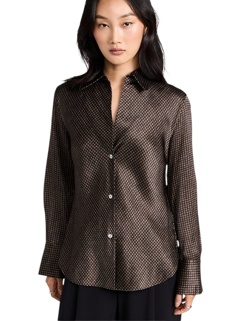 Vince Silk Bias Cut Brown/Black Houndstooth Blouse Long Sleeve Quiet Luxury - SP